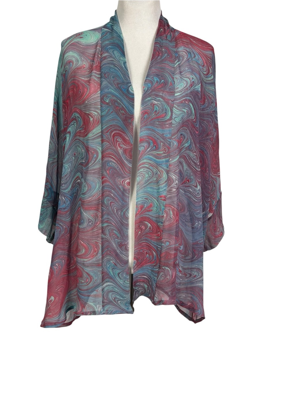 Susan Marling Marbled Originals Silk Kimono Jacket One Size Blue Red Cardigan